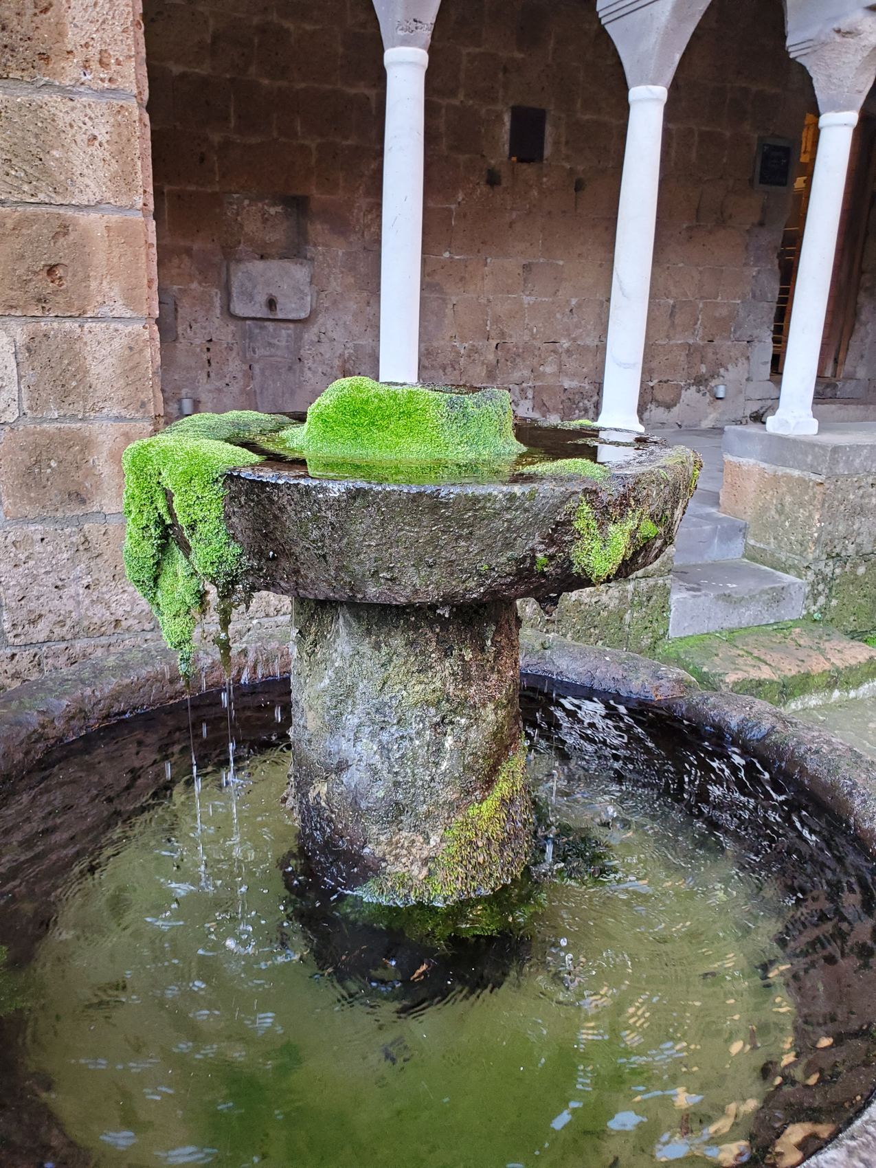 A moss-covered stone fountain in the cloister of the abbey of San Giusto, Italy, with water spilling into the basin below.